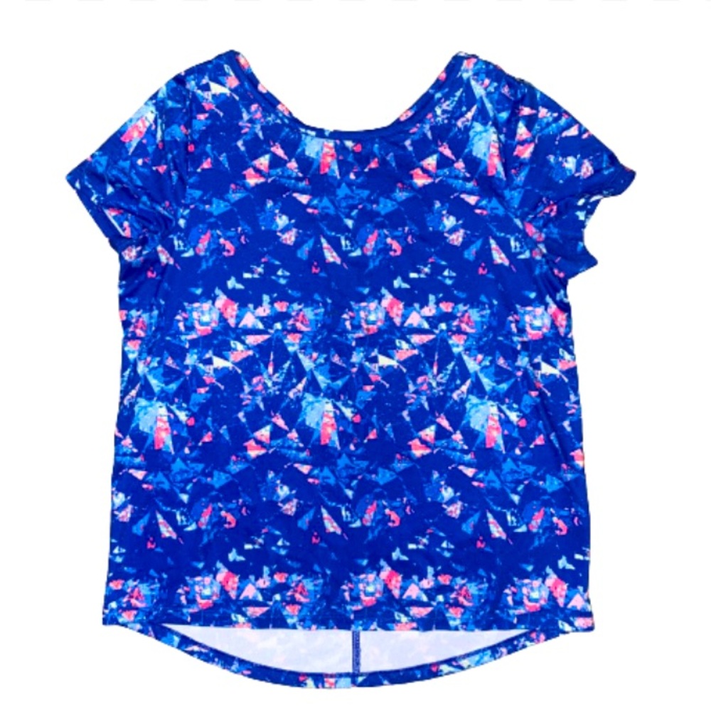 SO Active Girls Large (10/12) Blue Abstract Top Criss Cross Back